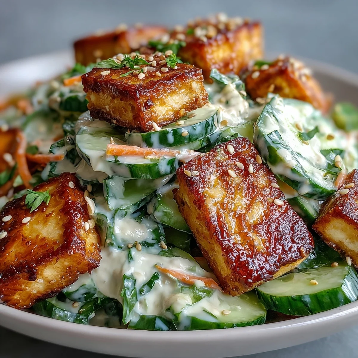 Tossed in a spicy sesame dressing, this vibrant Creamy Asian Cucumber Salad features golden tofu and crunchy veggies.