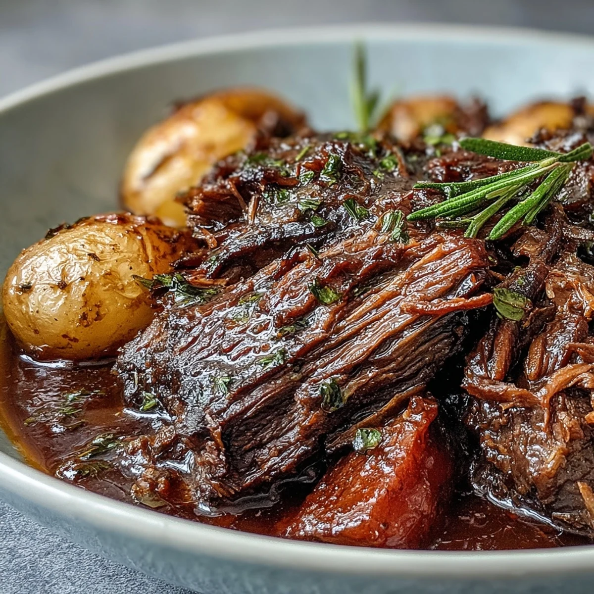 Succulent beef pot roast plated with root vegetables and fresh parsley garnish, ready to be enjoyed.