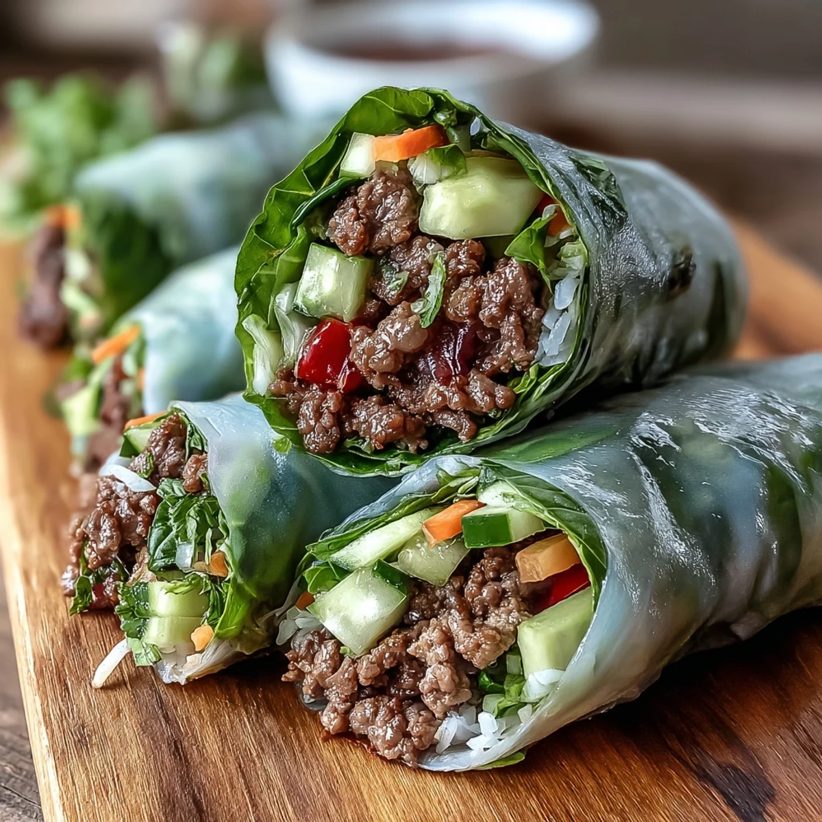 Freshly rolled Thai Basil Beef Rolls stuffed with savory ground beef, crisp cucumber, carrots, and aromatic herbs in soft rice paper.