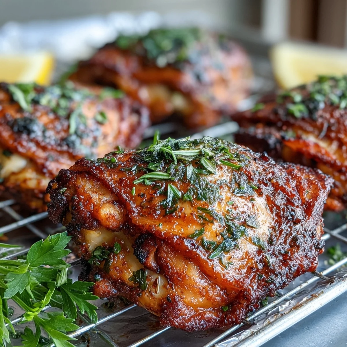 Golden, crackling skin on baked bone-in chicken thighs glistens under warm kitchen lighting, ready to be served with a lemon wedge.