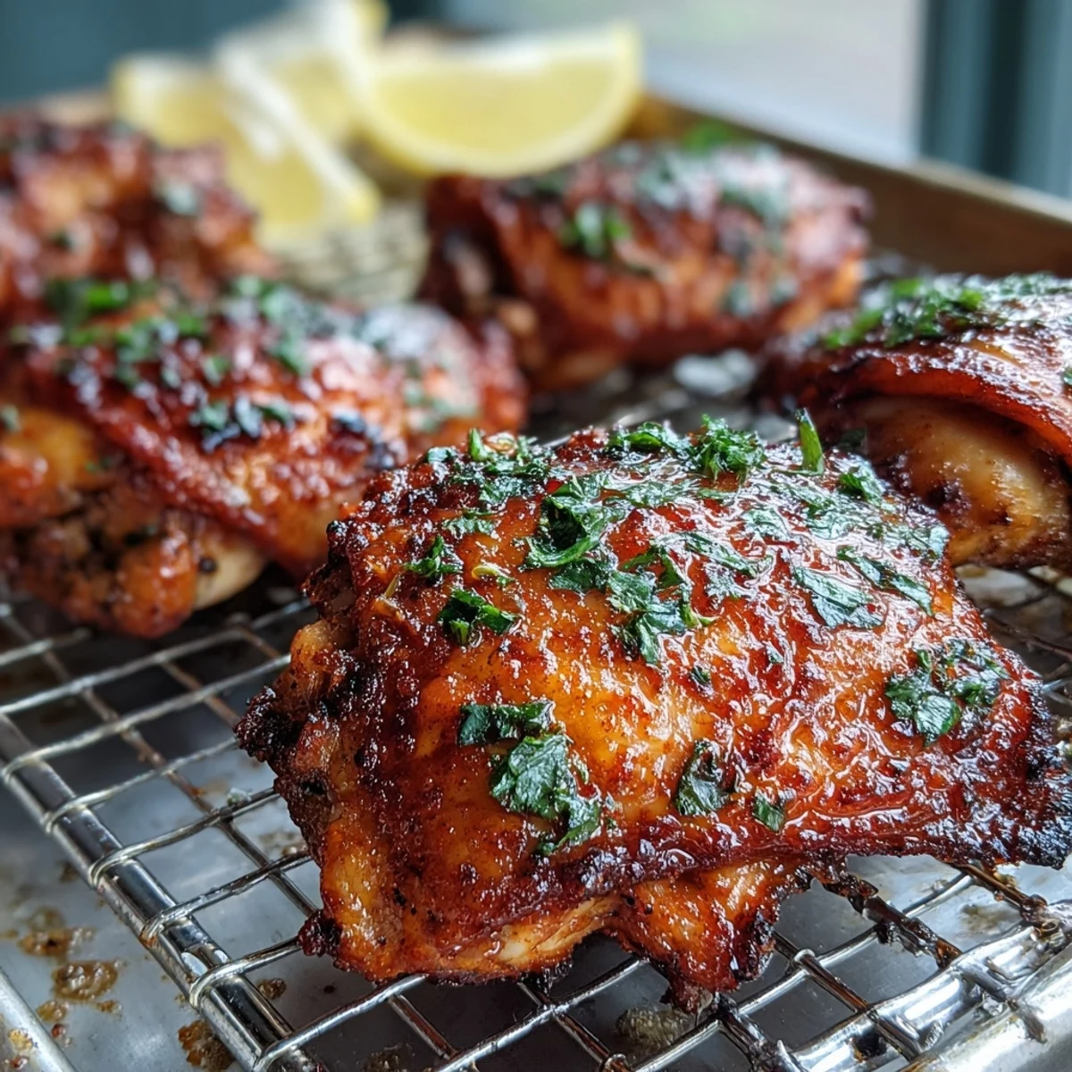A close-up of golden-brown baked bone-in chicken thighs showcases the succulent meat and herbs, paired with fresh parsley for garnish.