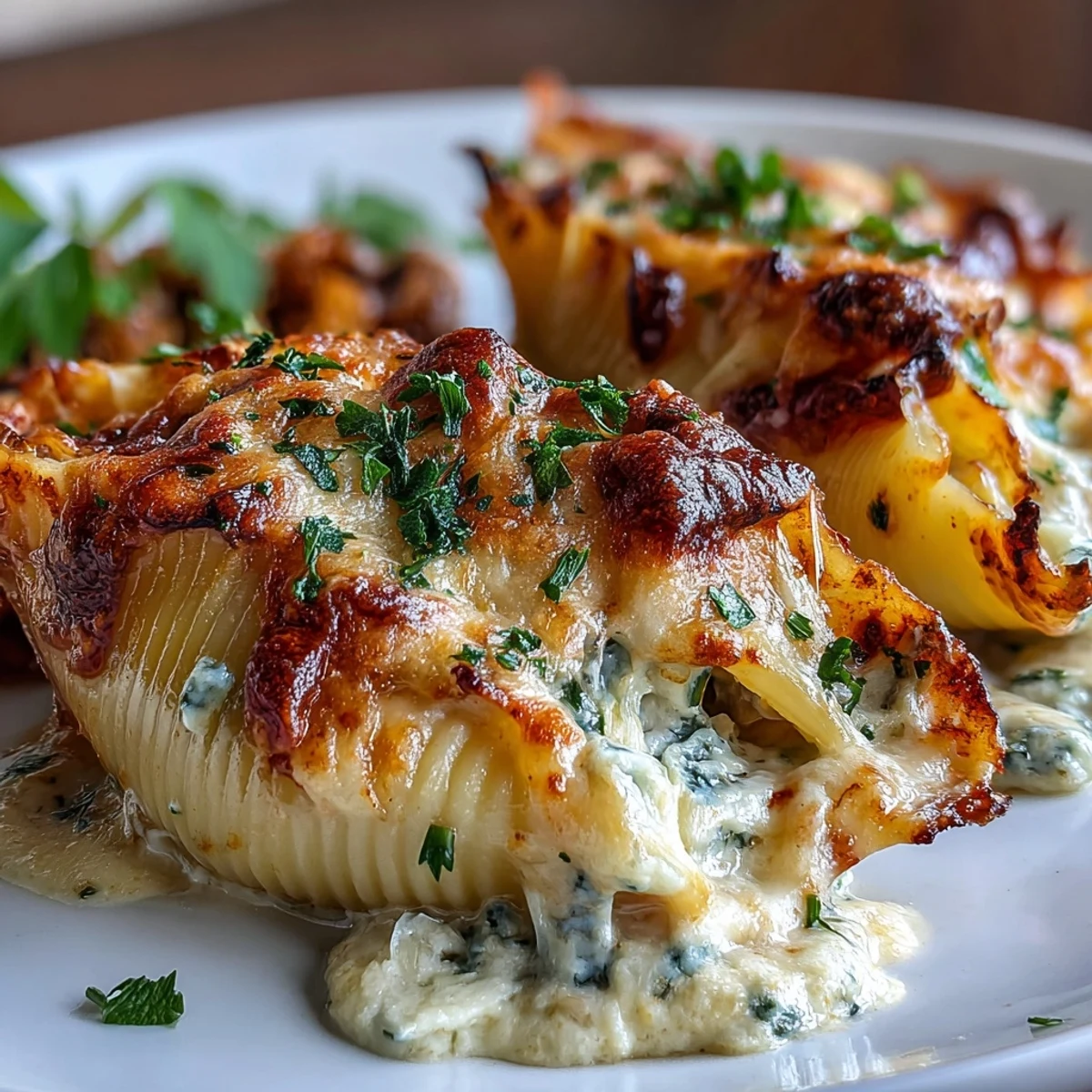 Creamy pumpkin and smoked Gouda stuffed shells topped with crispy sage and Alfredo sauce.