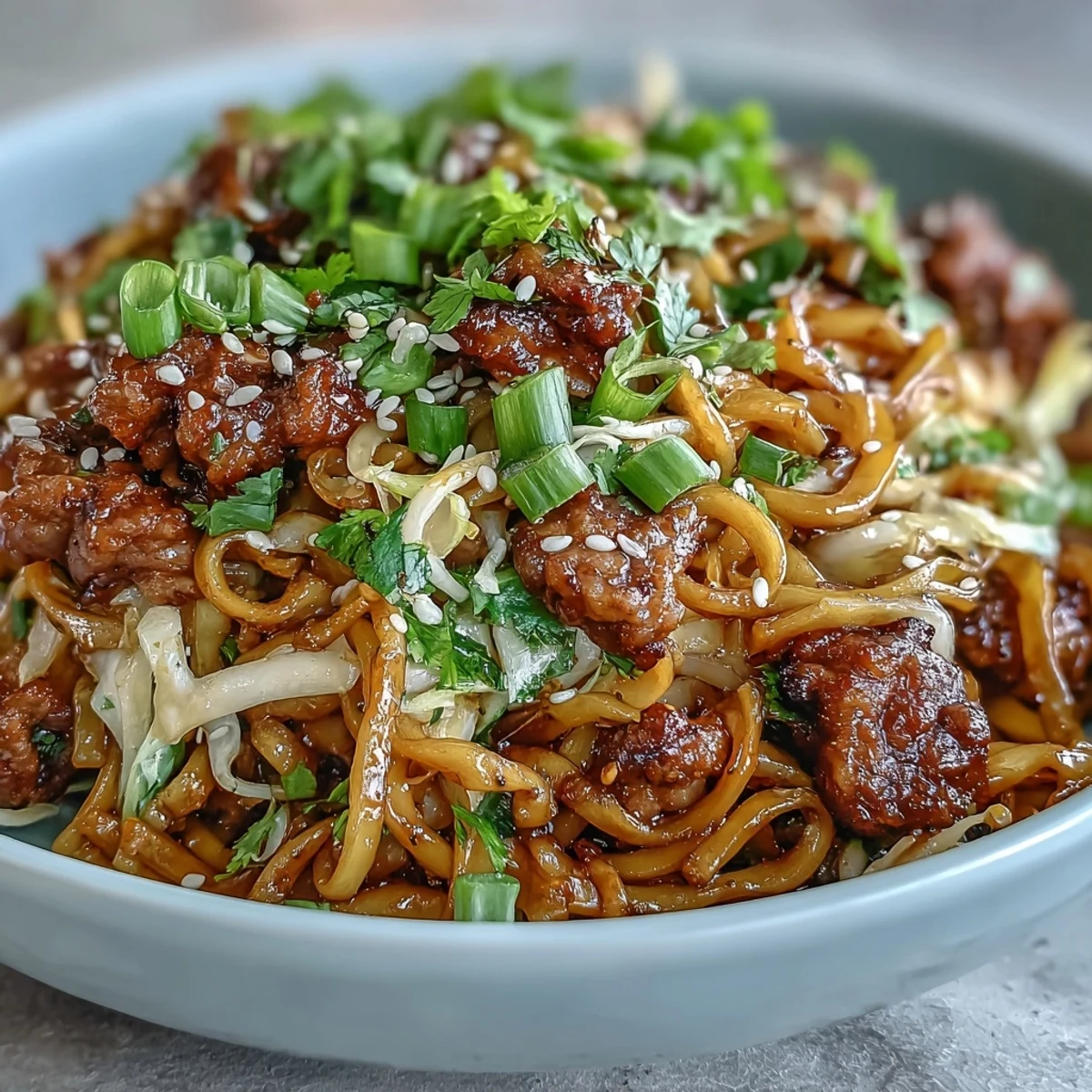 A close-up shows a steamy potsticker noodle bowl garnished with cilantro and sesame seeds, highlighting savory pork and fresh veggies.