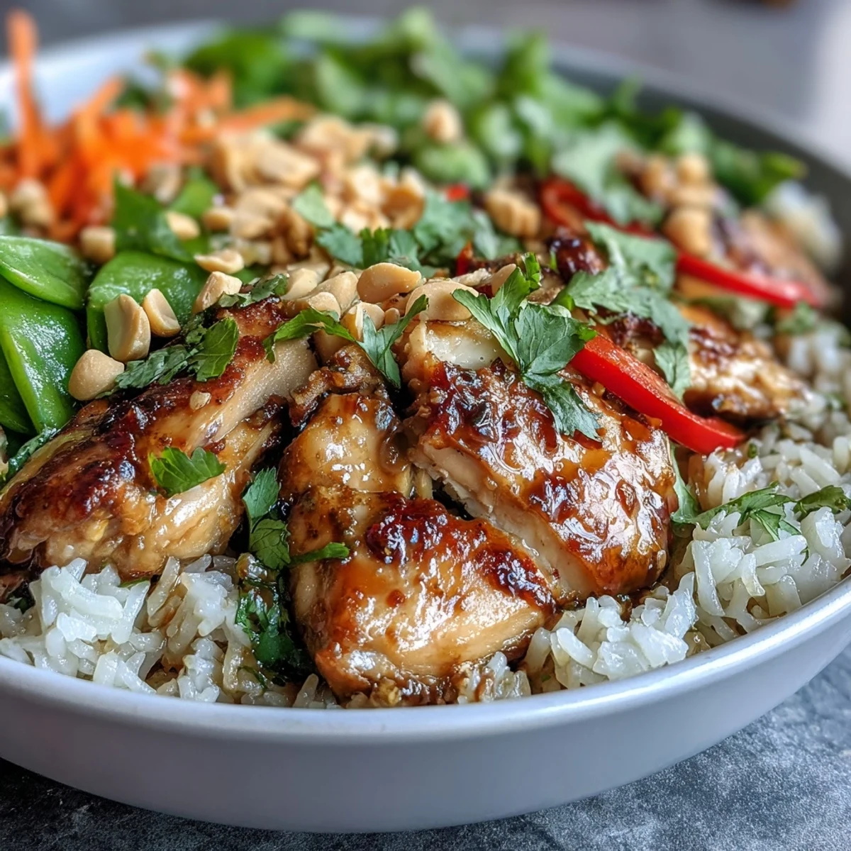 Golden-brown chicken and crisp vegetables sit atop creamy coconut rice in a Thai Chicken Coconut Bowl, garnished with fresh herbs.