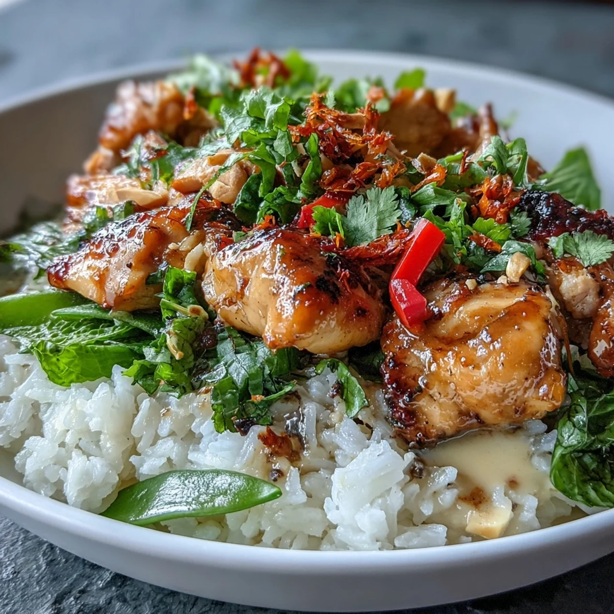 A vibrant Thai Chicken Coconut Bowl with juicy chicken, fresh snap peas, and cilantro, served with lime wedges for squeezing.