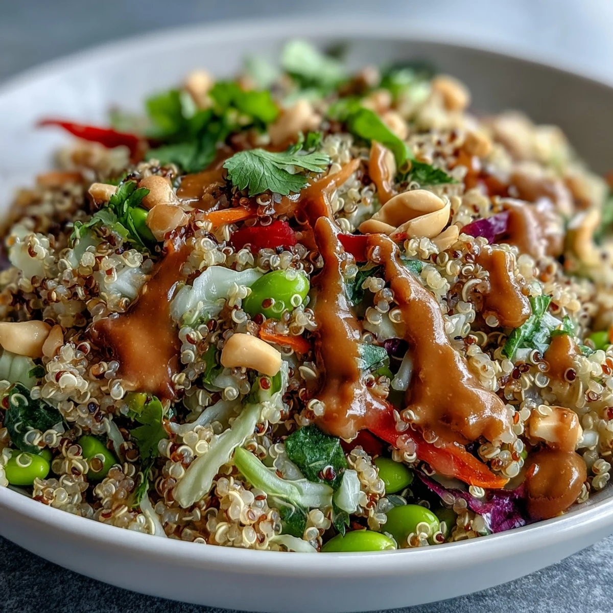 A vibrant Thai Coconut Quinoa Bowl topped with crisp vegetables and sesame seeds, ready to serve.