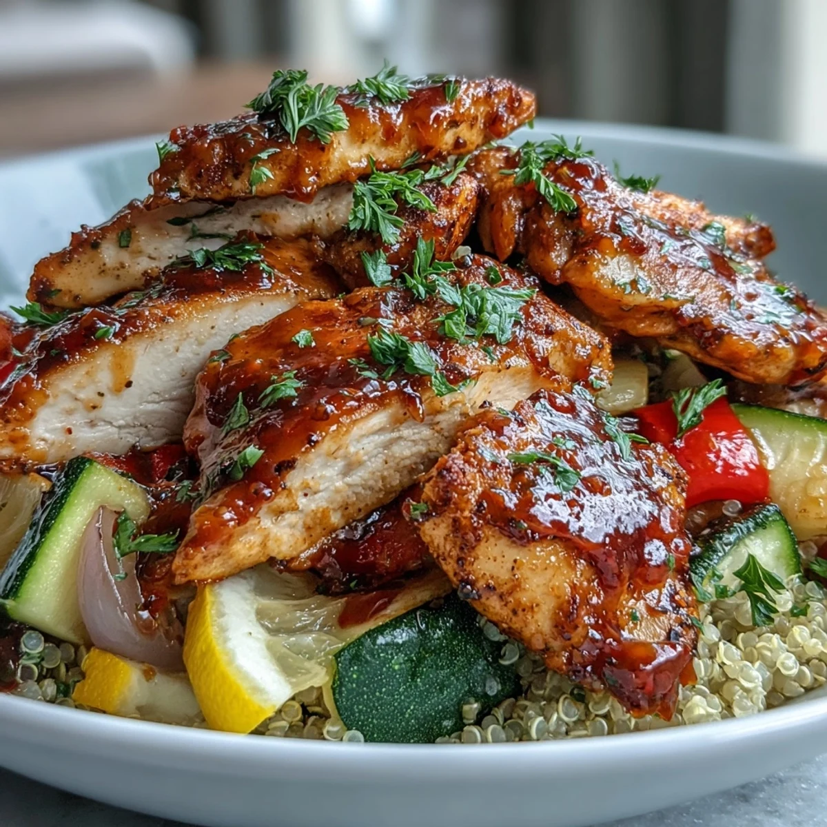 A wholesome paprika herb chicken quinoa bowl with roasted vegetables, rose harissa, and a lemon wedge garnish.