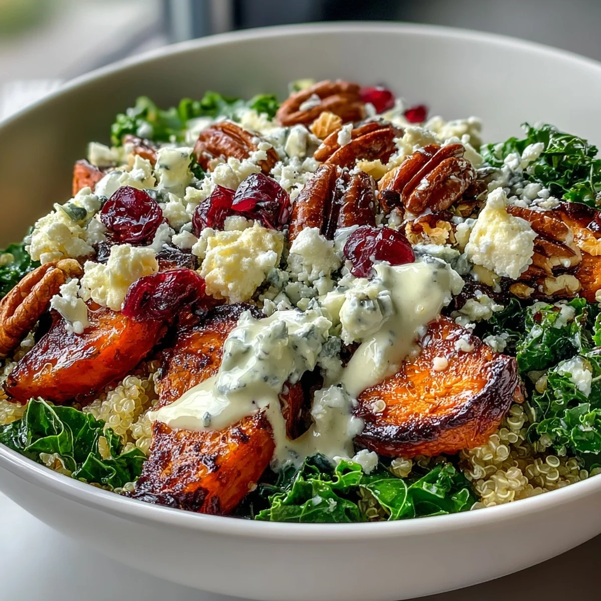 A generous drizzle of zesty lemon tahini dressing coats the Harvest Kale Quinoa Bowl, highlighting the golden roasted sweet potatoes.