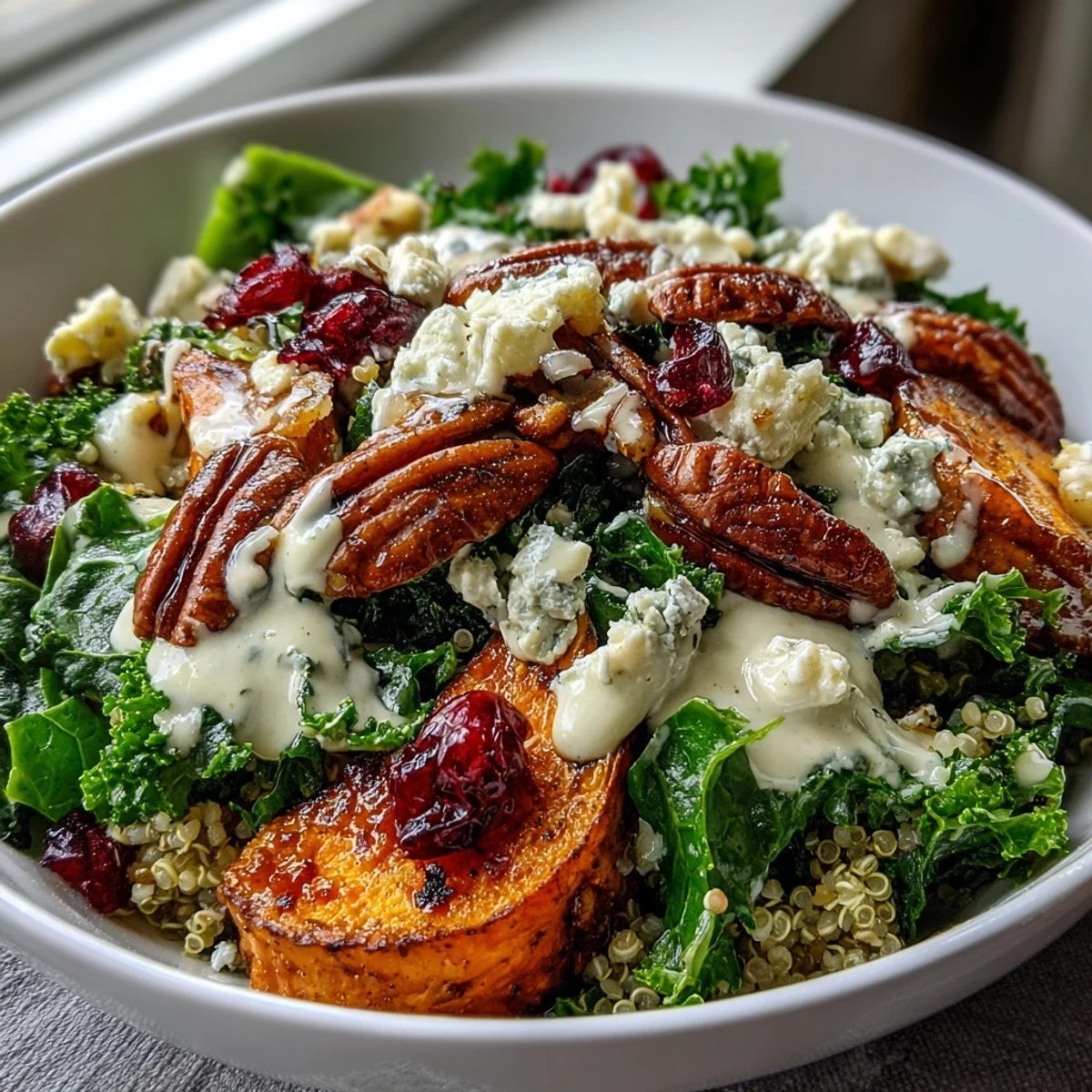 In this Harvest Kale Quinoa Bowl, kale is massaged until tender, mingling with crunchy pecans and sweet dried cranberries.