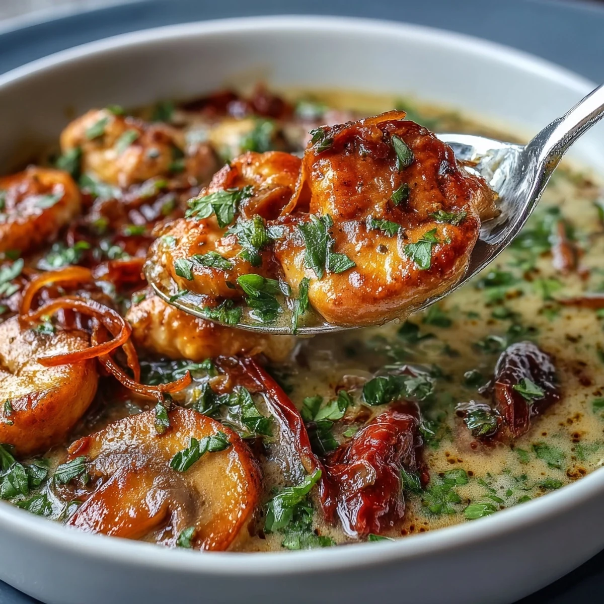 A warm bowl of Thai Coconut Curry Soup features tender chicken, mushrooms, and carrots in a creamy red broth.