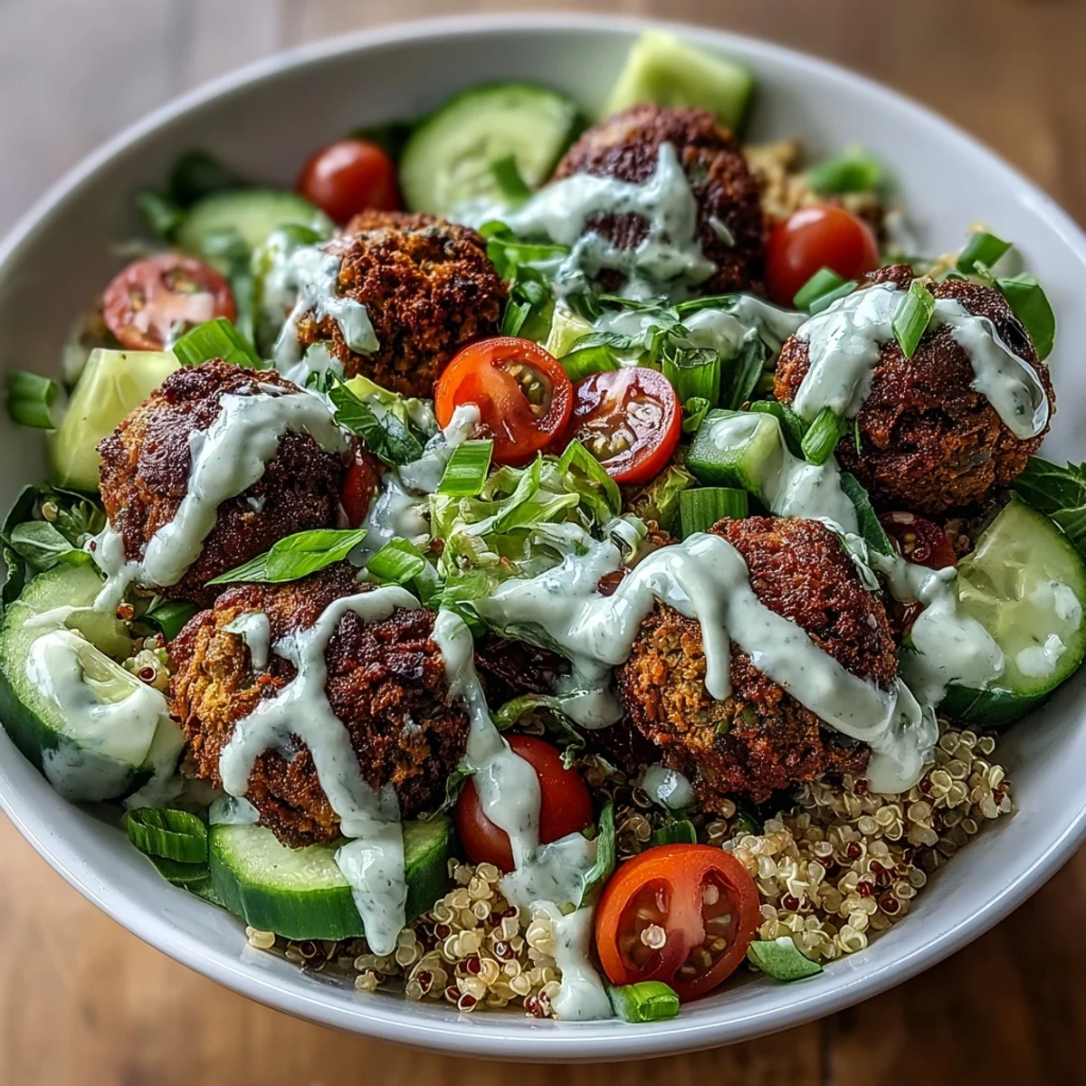 A close-up of the vibrant Falafel Quinoa Salad Bowl reveals crisp baked falafel, diced cucumbers, and halved cherry tomatoes tossed in a luscious garlic tahini dressing.