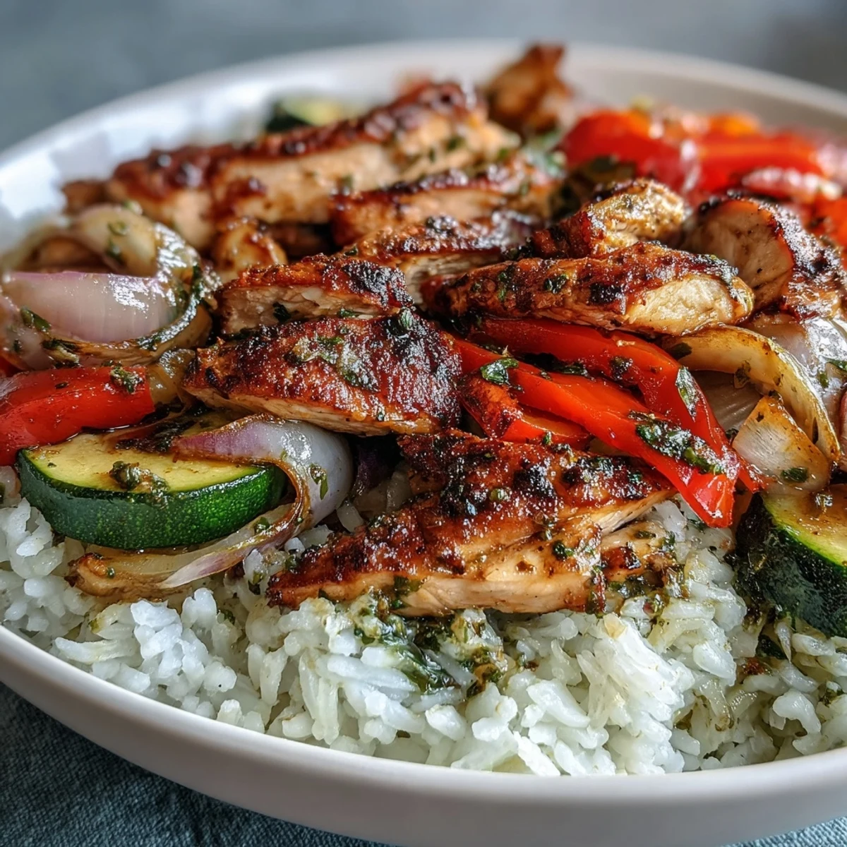 Golden-brown Sheet Pan Fajita Bowl with roasted peppers and juicy chicken over fluffy cauliflower rice.