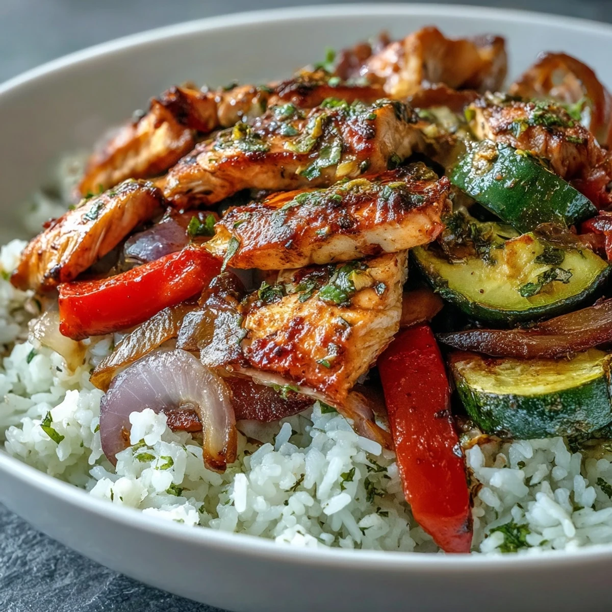 Easy weeknight Sheet Pan Fajita Bowl with charred vegetables and lime wedges for a healthy dinner.