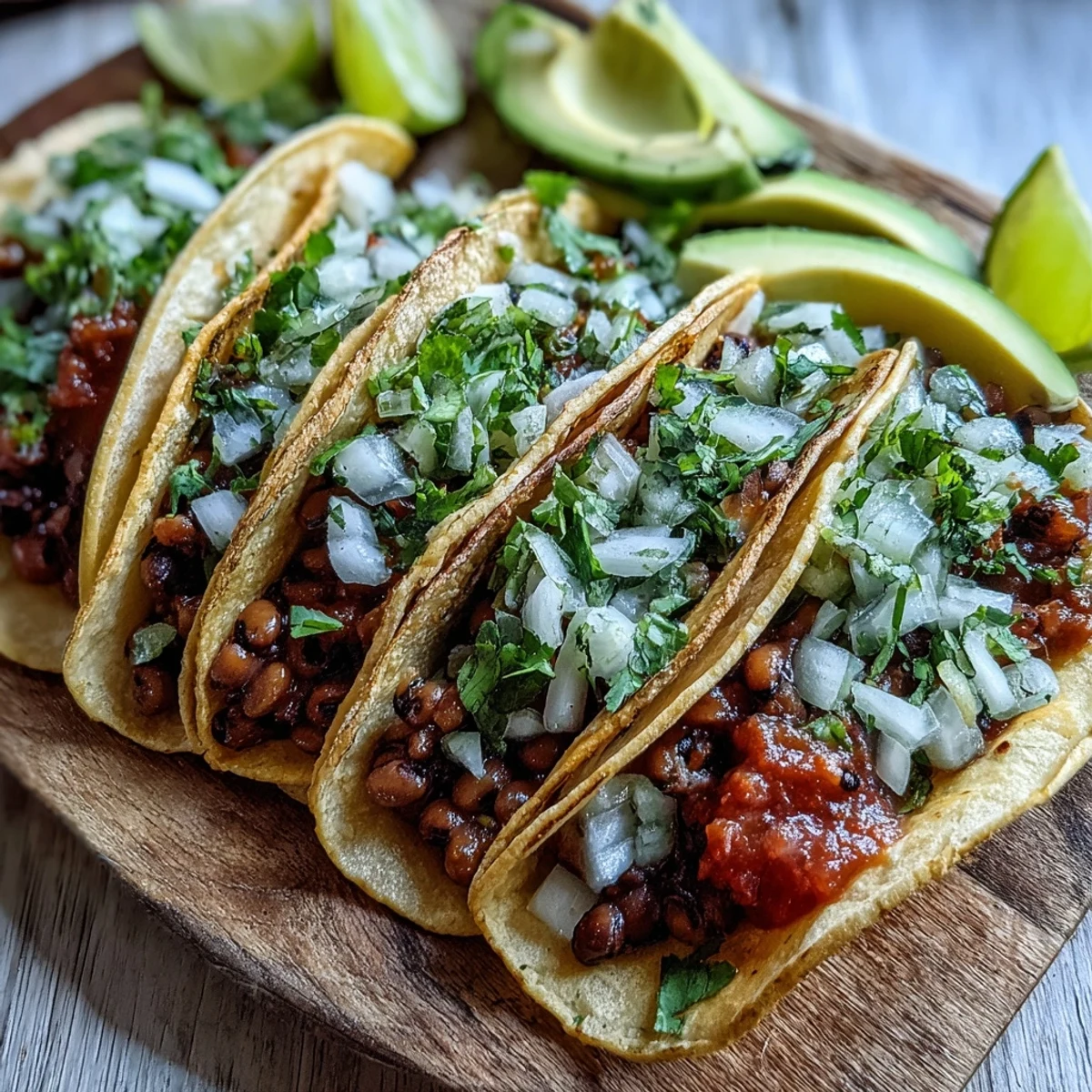 A platter of vibrant Black-Eyed Pea Tacos features seasoned, hearty filling, diced jalapeños, and lime wedges ready for squeezing over the soft shells.