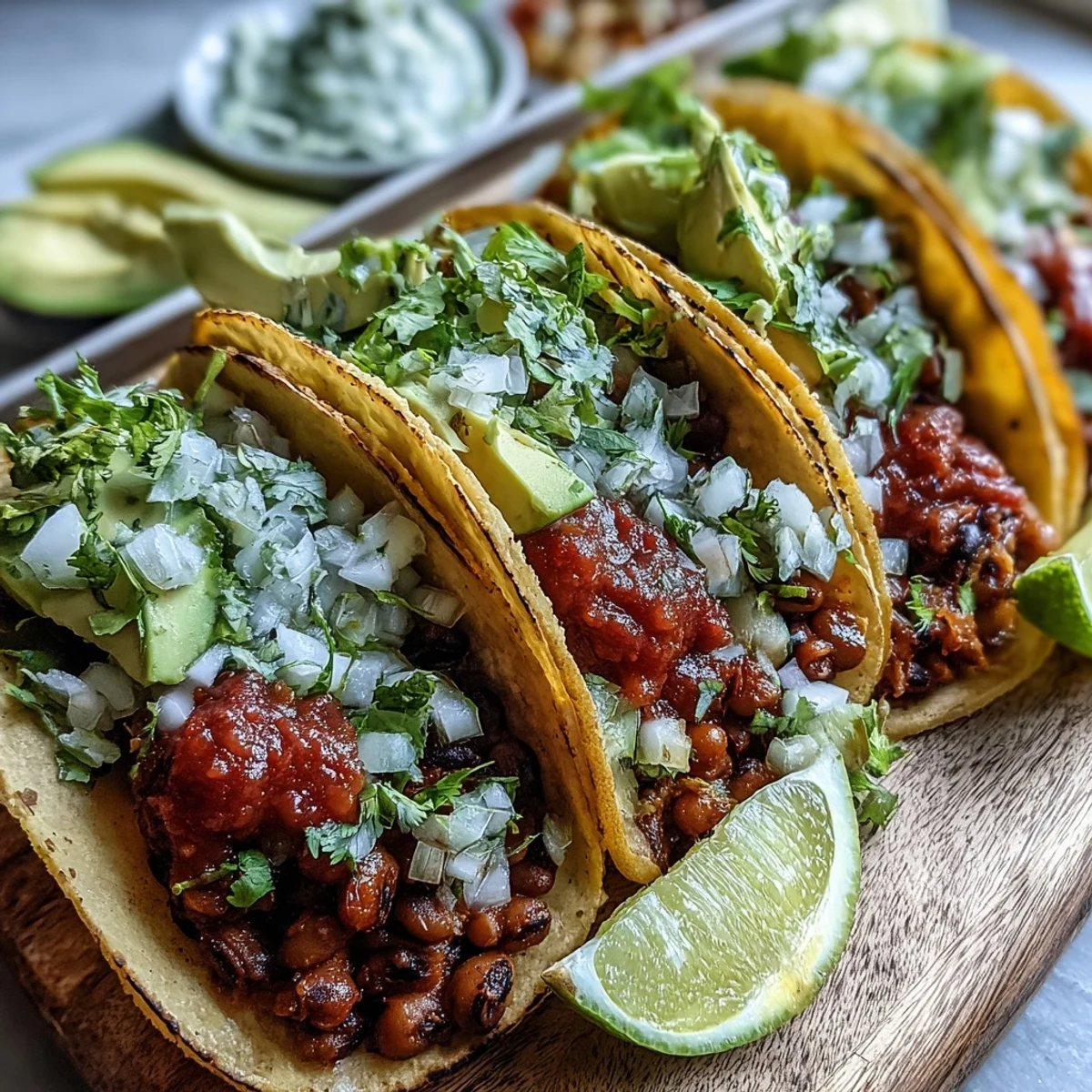 Close-up of Black-Eyed Pea Tacos garnished with fresh cilantro and diced onion, drizzled with salsa and resting on a rustic wooden board.