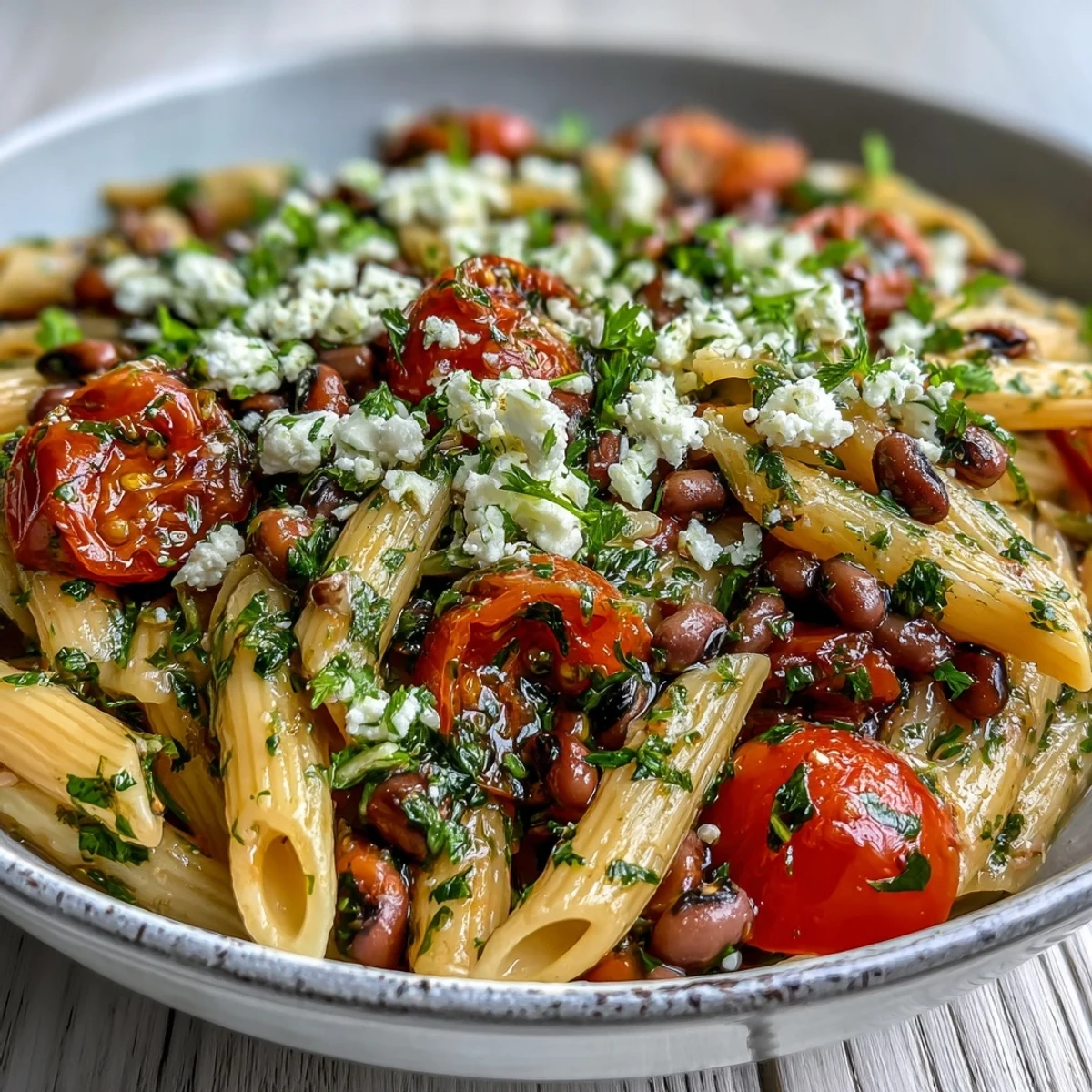 A wholesome bowl of Black-Eyed Pea Pasta tossed with olive oil, onions, and tender legumes for a Mediterranean meal.