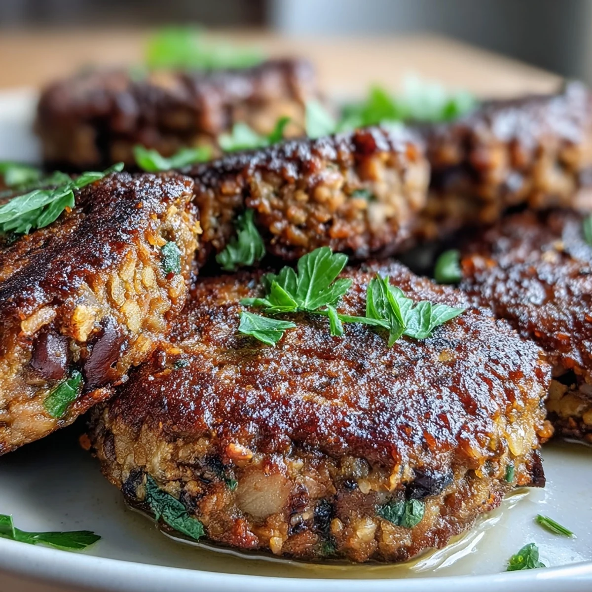 Platter of four Black-Eyed Pea Burger Patties with a fresh green salad, showcasing their hearty, vegan-friendly texture.
