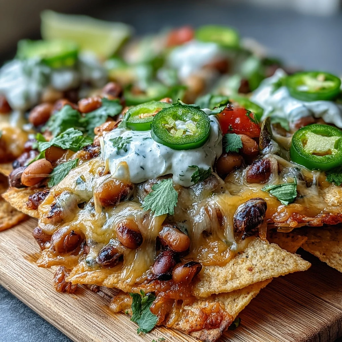 Freshly baked Black-Eyed Pea Nachos featuring melted cheddar, spicy jalapeños, and tangy sour cream on crispy tortilla chips.