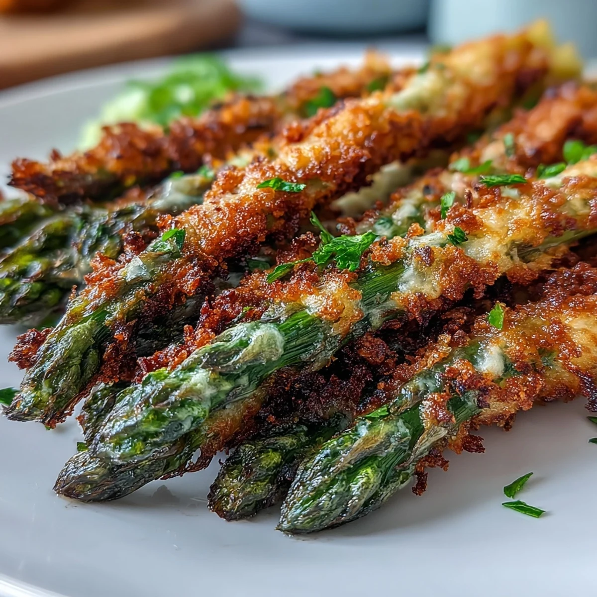 Tender asparagus spears coated in a golden, crunchy panko and Asiago crust, baked and served with lemon wedges.