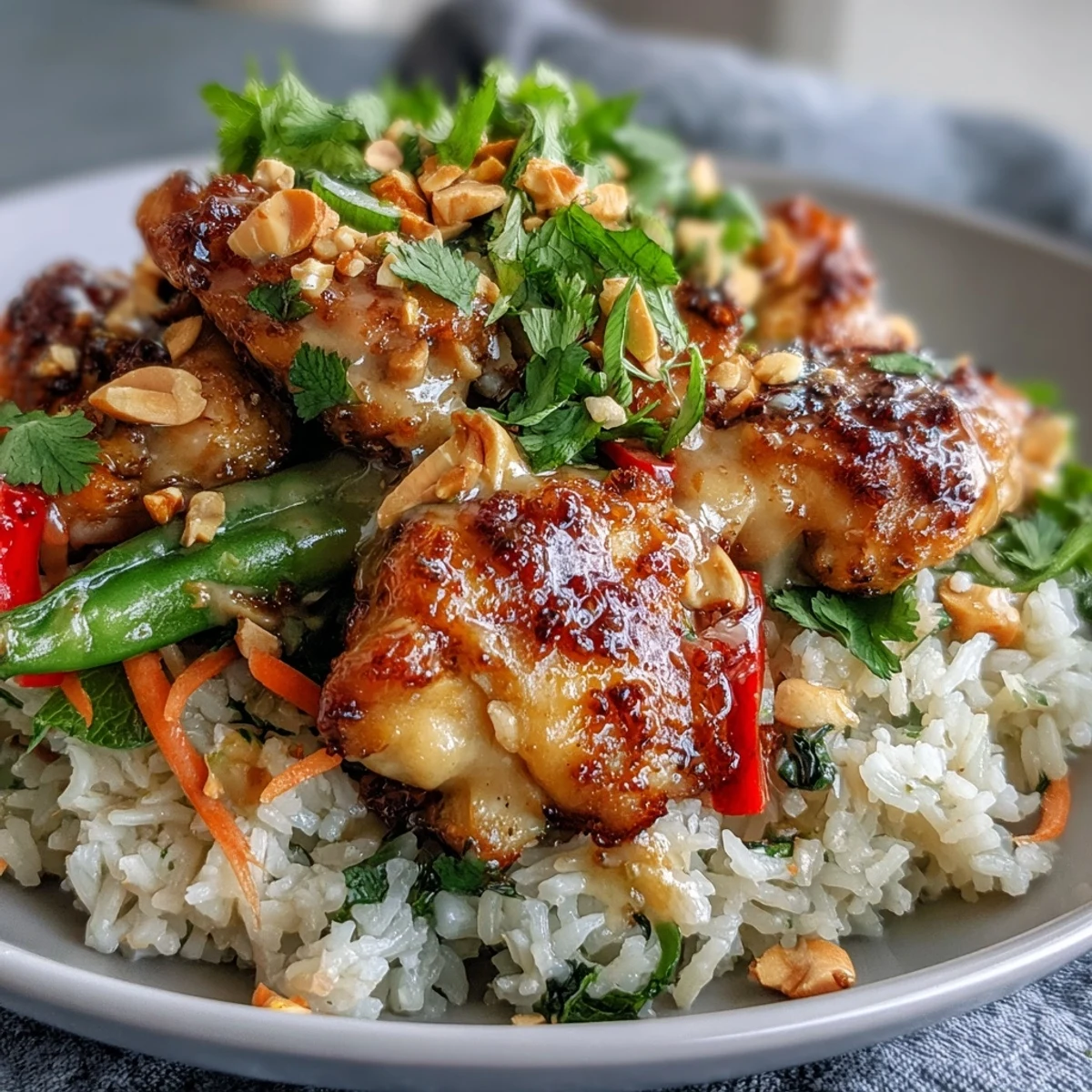 This Thai Chicken Coconut Bowl features tender chicken, crunchy bell peppers, and fragrant jasmine coconut rice topped with chopped peanuts.