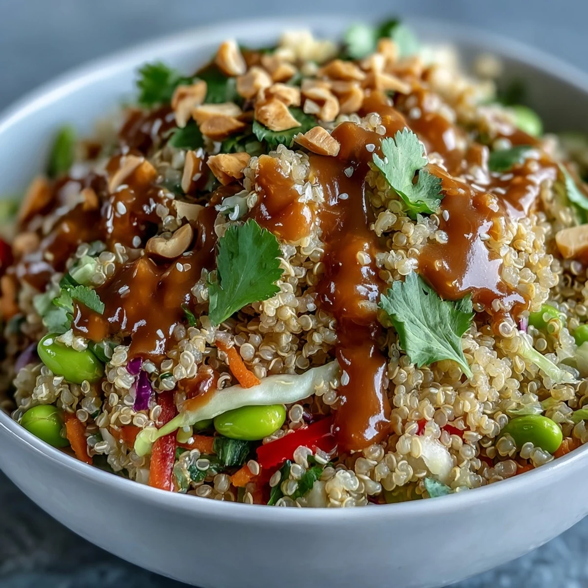 Colorful Thai Coconut Quinoa Bowl with creamy quinoa and chopped veggies, drizzled with peanut dressing.