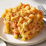 A comforting dish of Japanese curry pasta bake, golden and bubbling from the oven.  