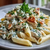 Creamy Lemon Feta Chicken Pasta on a skillet, steam rising from golden chicken and melted cheese, lemon zest glistening on top for a zesty aroma.