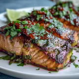 Grilled Salmon with Strawberry Salsa served on a white plate, juicy fillets topped with bright red salsa and fresh herbs.