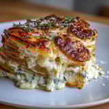 Elegant scalloped potatoes with Gruyere, featuring thinly sliced potatoes baked in nutmeg-scented cream and topped with bubbling, golden-brown cheese.  