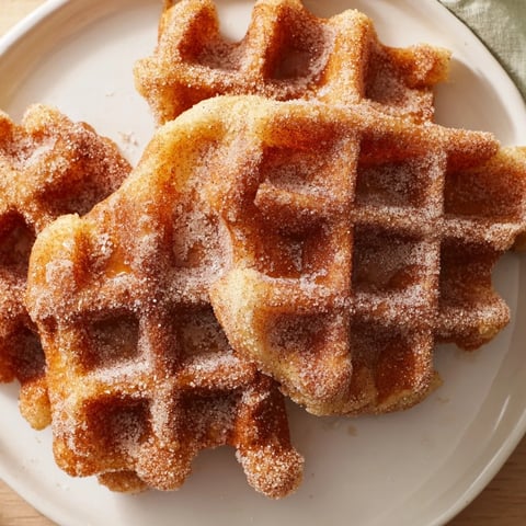 Golden, crispy Express Cinnamon Sugar Churro Waffles, perfectly coated and ready to be enjoyed warm.