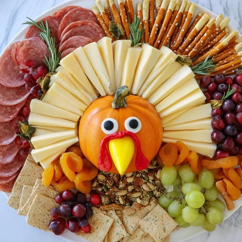 A beautifully arranged Wheat Field Thanksgiving Turkey Board overflowing with colorful cheeses, fruits, and meats.
