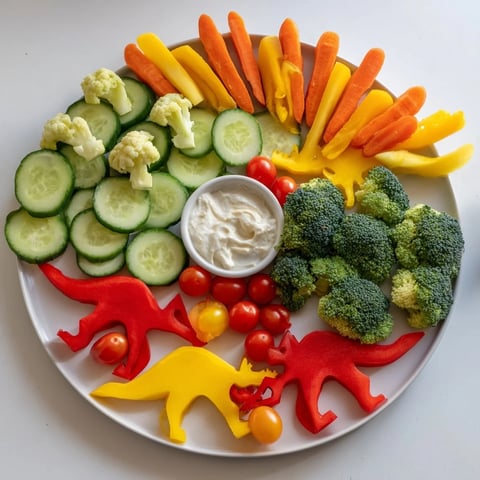 Dino-Mite Dinosaur Fossil Crudités with vibrant crudités and a creamy dip, perfect for kids.