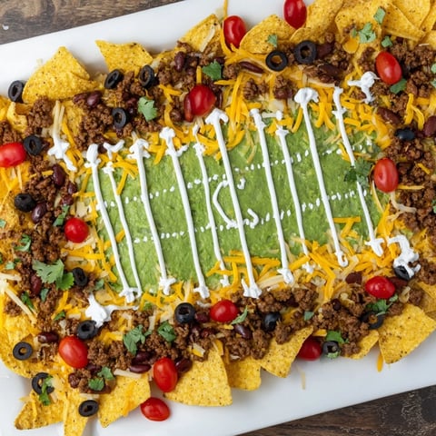 Cheesy, game-day Soccer Field Nacho Platter topped with seasoned beef and colorful, vibrant toppings.