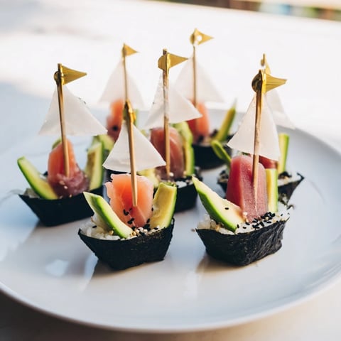 Sushi Sailboats at Sea: A vibrant platter showcasing colorful sushi boats with fresh salmon and tuna.