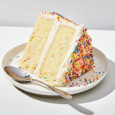 A slice of Happy Birthday Cake, layered with buttercream and sprinkles, ready to be enjoyed.