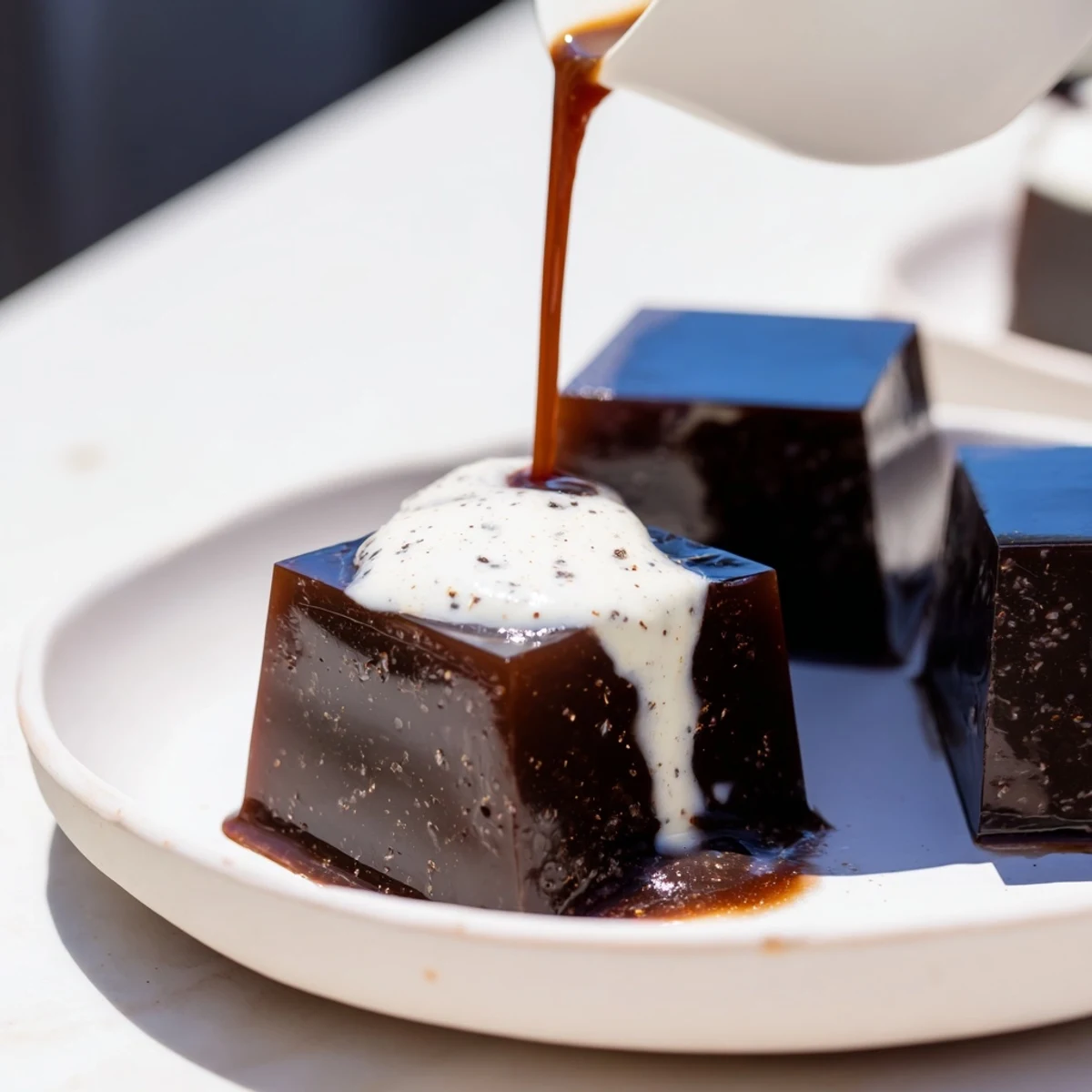 Cubes of homemade coffee jelly dessert swimming in sweet cream, a refreshing treat.