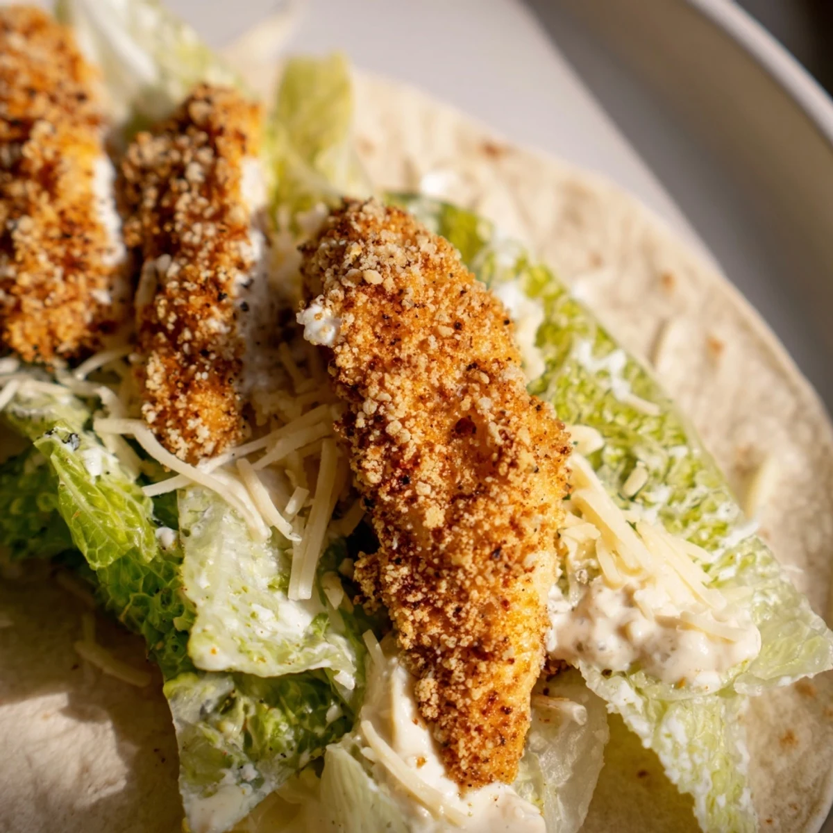 Golden crispy chicken strips nestled in a soft flour tortilla with fresh romaine lettuce and Parmesan cheese.