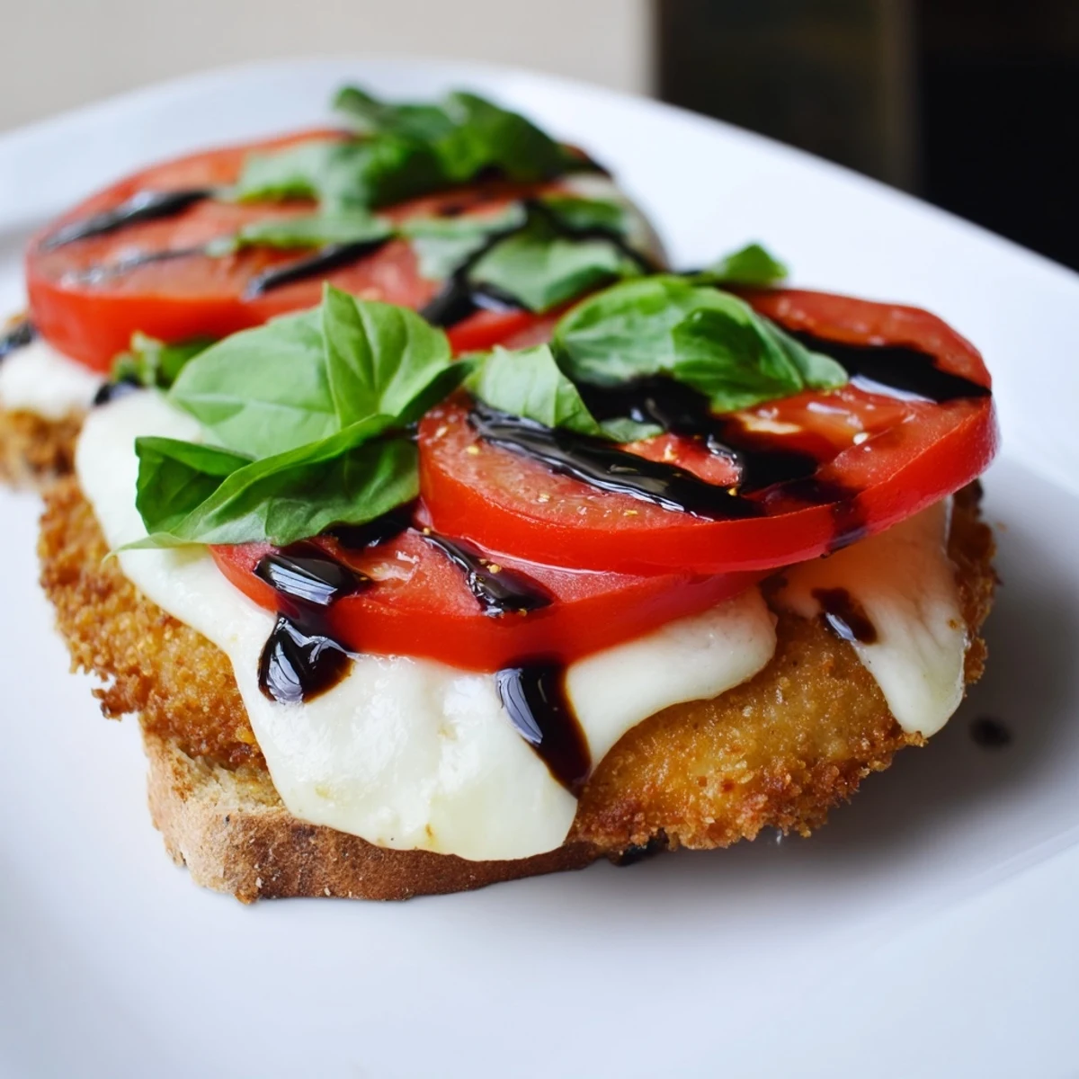 Golden-breaded chicken cutlets topped with melted mozzarella, fresh basil, and ripe tomato slices on a toasted ciabatta roll.