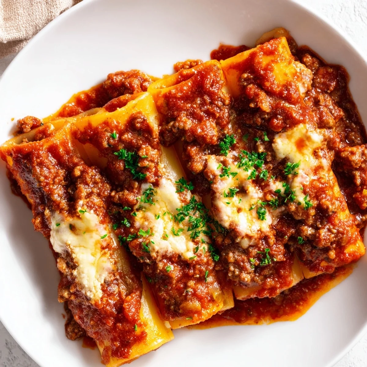 Baked Ziti with Meat Sauce bubbling hot from the oven, featuring melted mozzarella and a rich meat sauce.