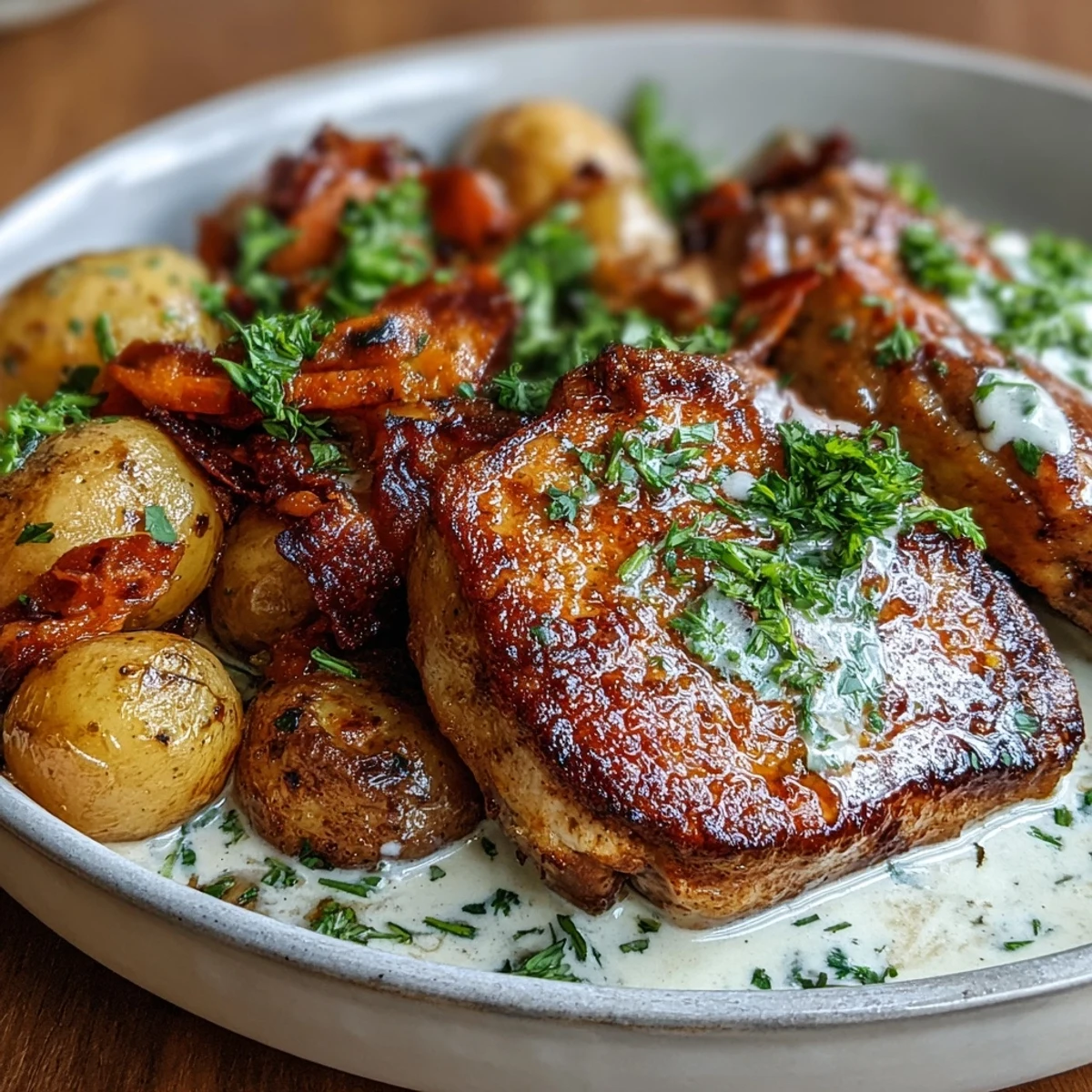 Tender slow-cooked pork chops smothered in creamy ranch gravy, served with soft potatoes and carrots in a comforting dinner.