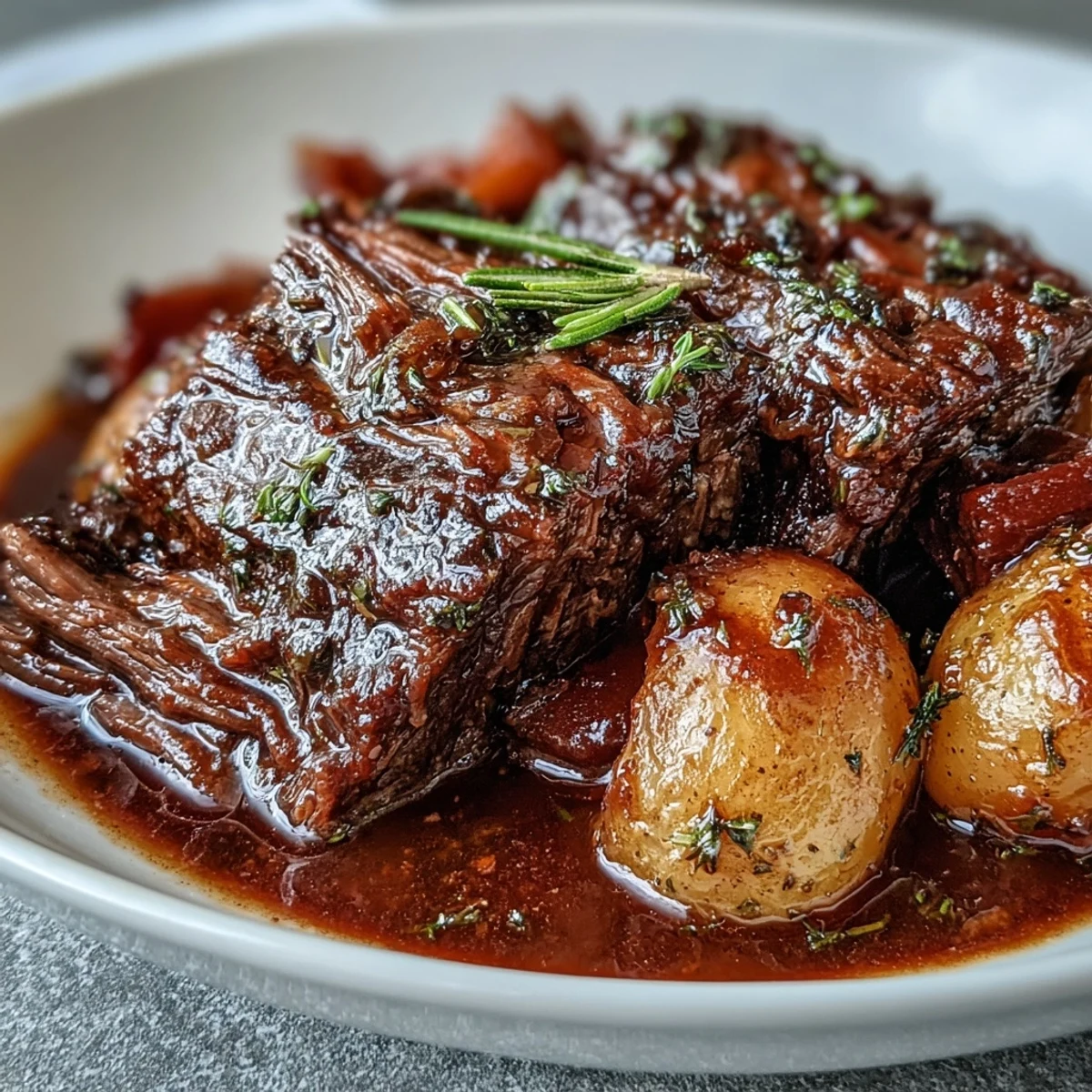 Golden brown beef pot roast surrounded by tender carrots, celery, and baby potatoes in rich gravy.