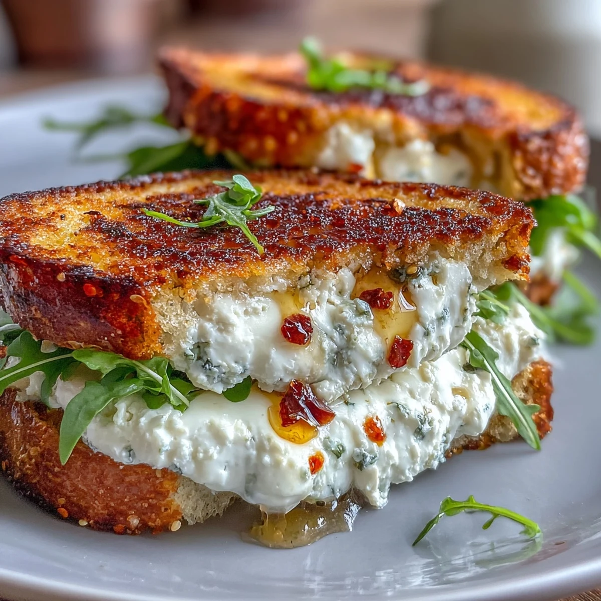 Golden-brown sourdough grilled cheese slices showcase melted goat cheese, creamy chèvre, honey drizzle, and vibrant chili flakes for a spicy-sweet lunch.  