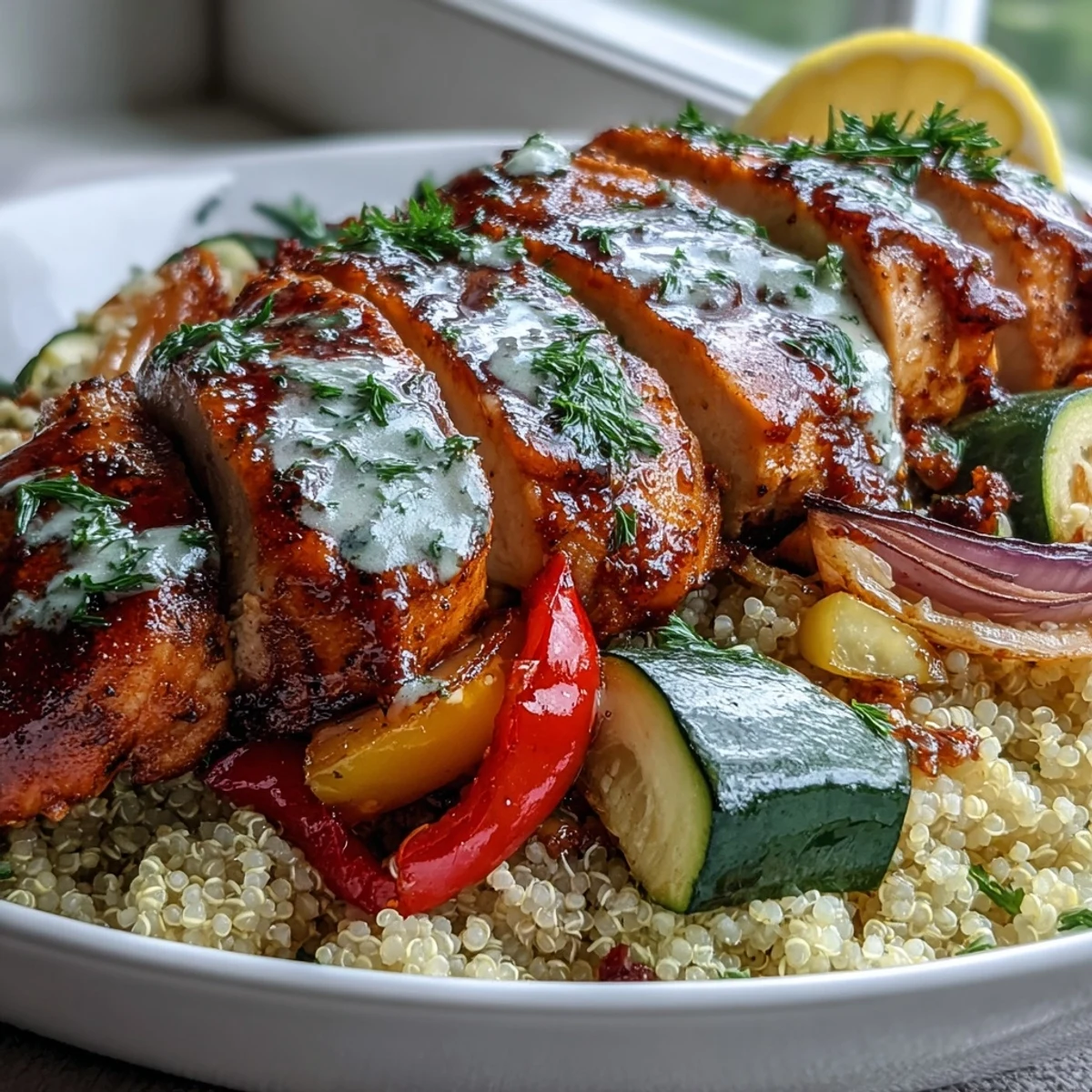 Golden roasted vegetables and sliced paprika herb chicken rest atop fluffy quinoa in a rustic white bowl.  