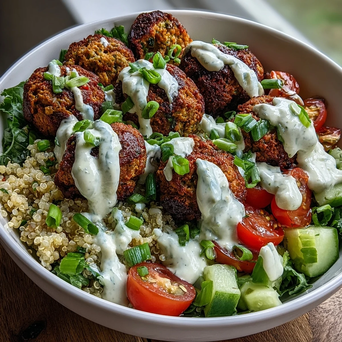 Golden baked falafel sit atop fluffy quinoa with cucumbers and cherry tomatoes, all drizzled with creamy garlic tahini sauce in this Falafel Quinoa Salad Bowl.