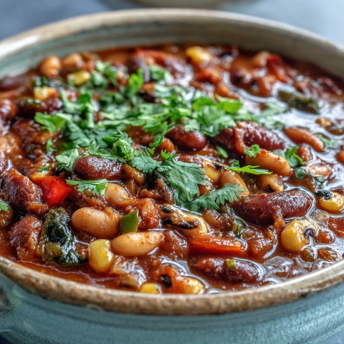 Hearty Black-Eyed Pea Chili simmering in a pot, featuring tender beans and vibrant diced bell peppers in a rich, spicy tomato broth. 