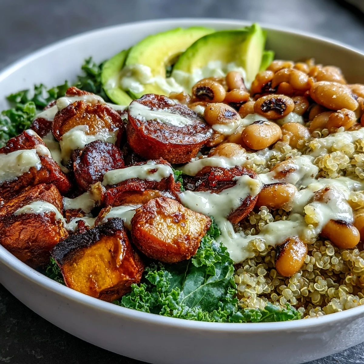 A vibrant Black-Eyed Pea Buddha Bowl with roasted sweet potatoes and bell peppers, garnished with creamy avocado and fresh cilantro on a dark background.