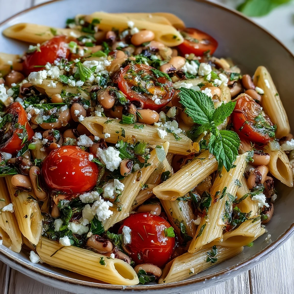 Freshly cooked Black-Eyed Pea Pasta in a skillet featuring cherry tomatoes, garlic, and vibrant green spinach.