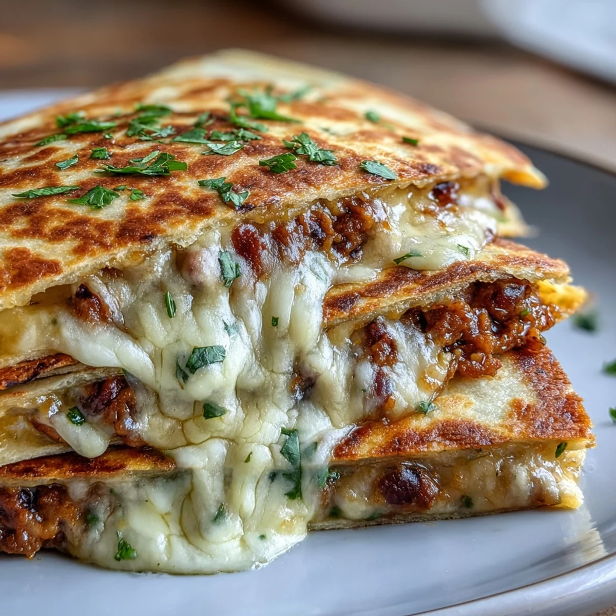 Golden-brown Black-Eyed Pea Quesadilla slices show melted cheddar and a hearty, spiced black-eyed pea filling on a plate.