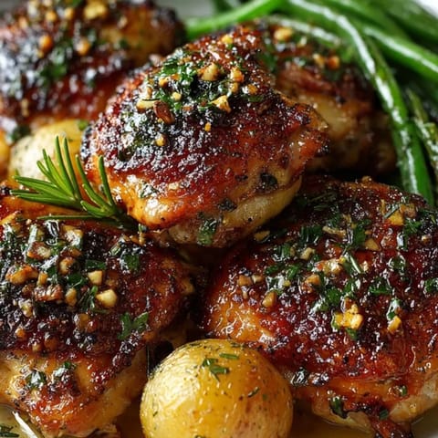 Aromatic Garlic Herb Roasted Chicken Thighs sizzle; perfect easy weeknight family dinner.
