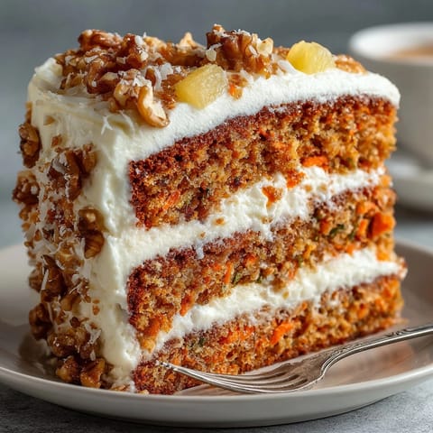 Enjoy a slice of tender Carrot Cake; tangy pineapple-infused cream cheese frosting, a perfect pairing.